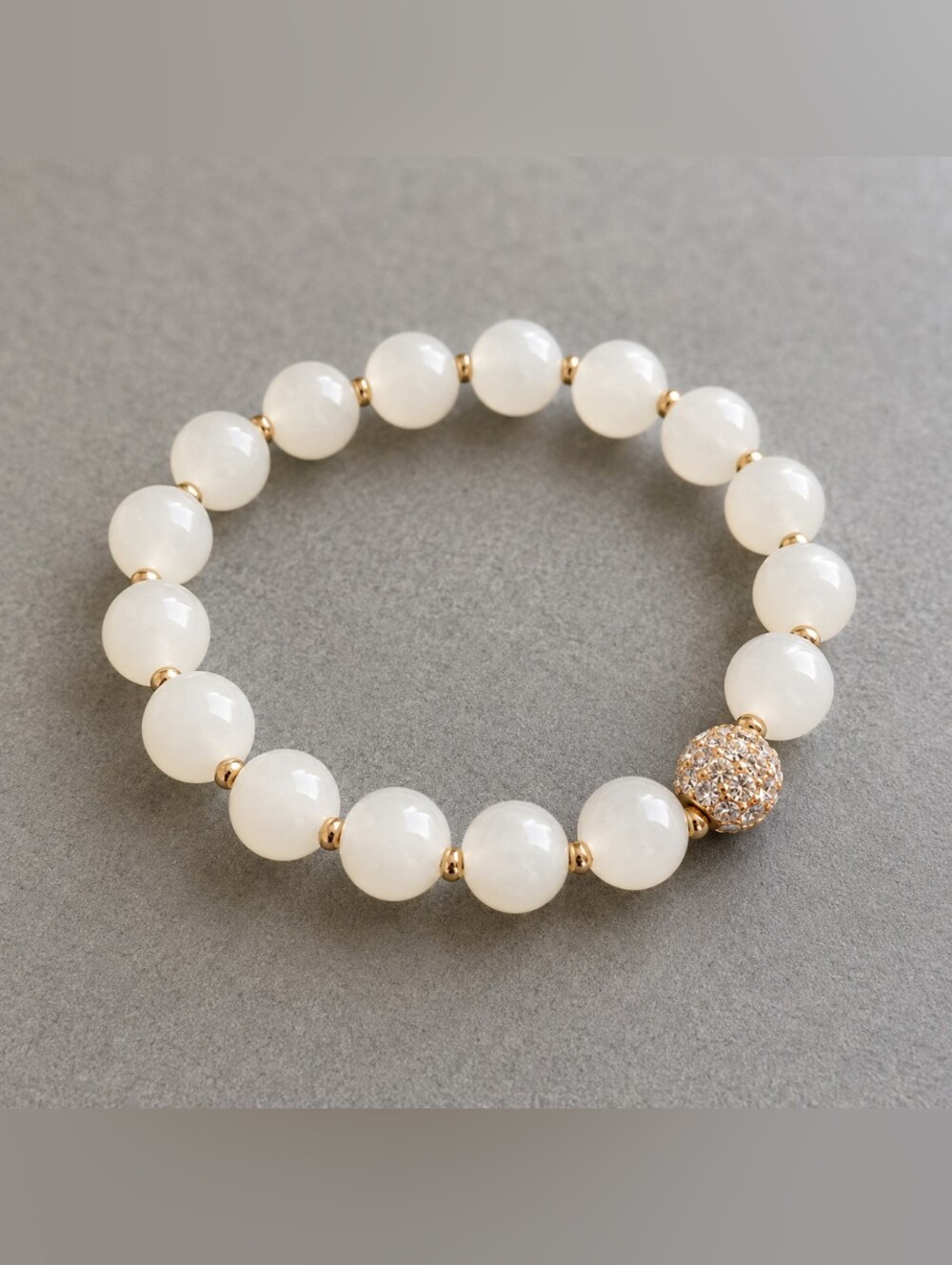 White Jade Beaded Stretch Bracelet Gold-Tone Crystal Accent Bead Elegant Jewelry